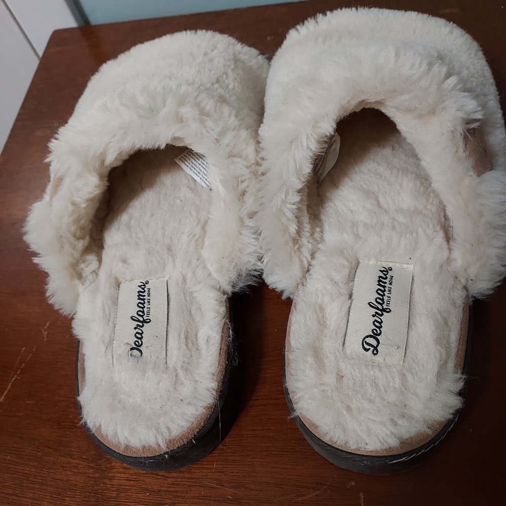 Dearfoams Women's Plush faux shearling Slide with Suede Trim Slipper- Size 10